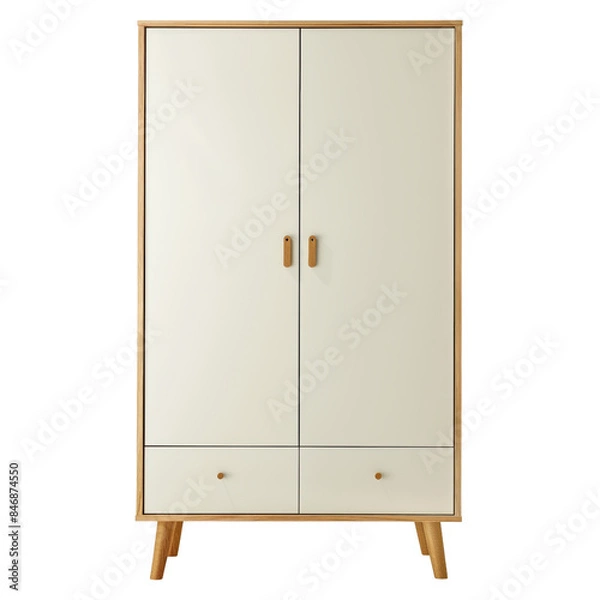 Fototapeta Elegant wooden two-door wardrobe with minimalist design, perfect for bedroom storage solution, featuring modern clean lines and sturdy construction.