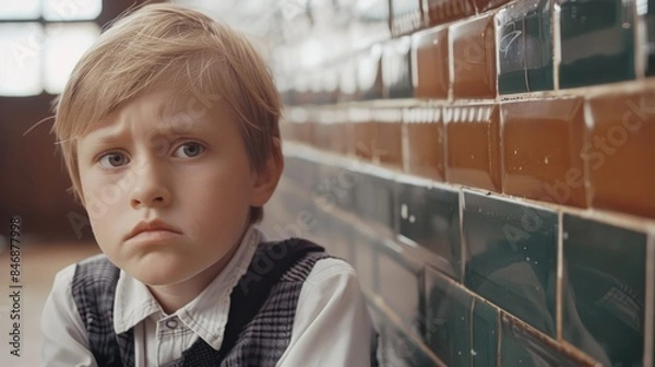 Fototapeta Unhappy little boy student in school uniform at school