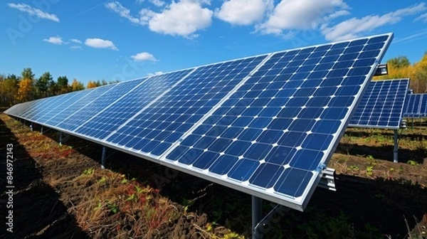 Fototapeta Modern Solar Energy Farm with Photovoltaic Panels on a Sunny Day