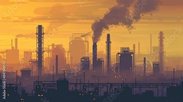 Fototapeta Vector art of an industrial area with thick smog and emissions