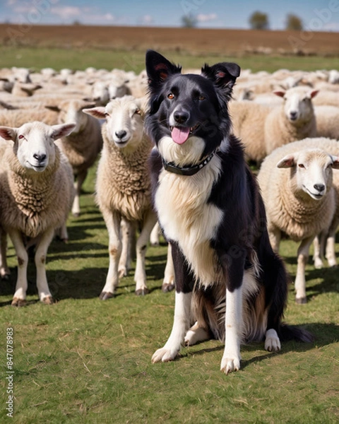 Fototapeta Portrait of border collie shepherd dog smiling for the camera among a flock of sheep. A cute border collie dog herding a flock of sheeps.