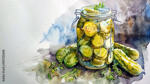 Fototapeta A watercolor painting of a jar of pickles.