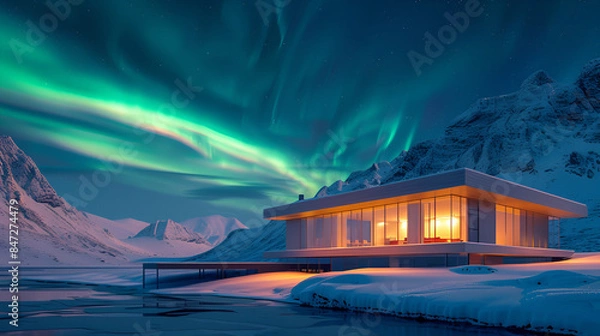 Fototapeta Modern house with large glass windows, allowing a spectacular view of the Northern Lights.