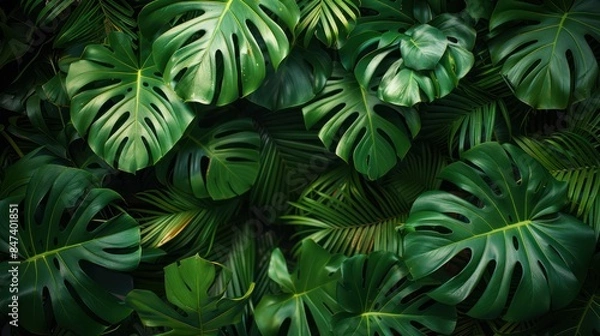 Obraz Green Paradise: Lush Tropical Jungle with Palm Leaves on Dark Garden Background