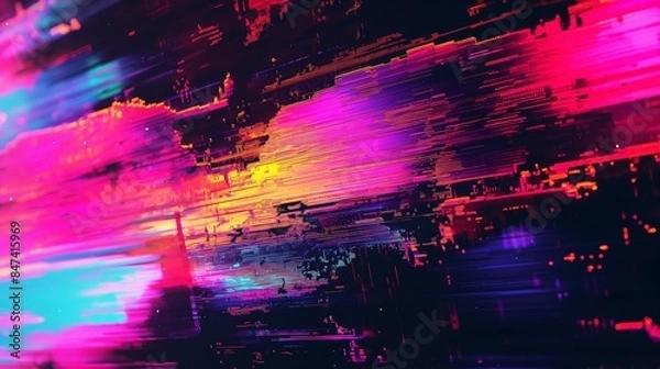 Fototapeta Abstract digital art with vibrant pink, purple, and blue streaks and reflections.