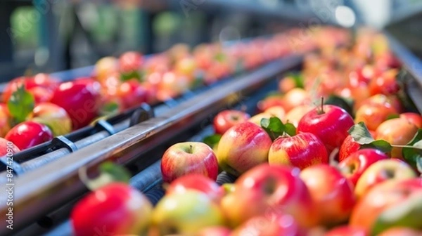 Fototapeta Apples being processed on a conveyor belt in a factory.