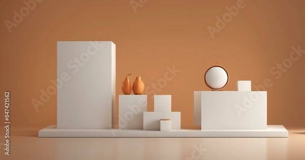 Fototapeta An artistic arrangement of modern minimalist objects with clean lines. Includes white geometric shapes and orange vases set against an orange background