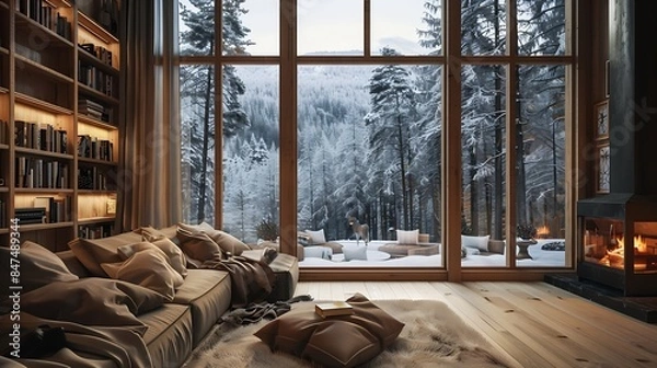 Obraz cozy warm home interior of a chic country chalet with a huge panoramic window overlooking the winter forest open plan wood decoration warm colors and a family hearth : Generative AI