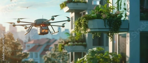 Fototapeta Autonomous drones delivering fresh ingredients to homes in a hightech food delivery system