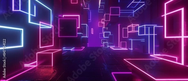 Fototapeta Futuristic Virtual Reality Portal with Abstract 3D Shapes and Radiant Neon Outlines