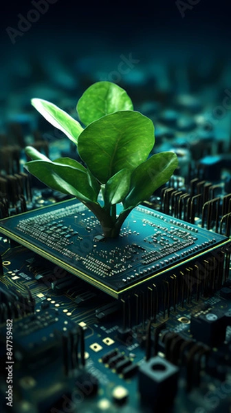 Fototapeta Green technology concept, a small plant growing on a circuit board of a computer chip