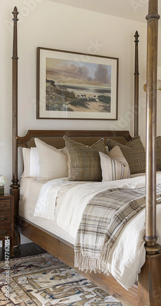 Fototapeta A bedroom with vintage-inspired decor, featuring an elegant poster bed with a wooden frame and metal accents, adorned with soft fabric cushions in earthy tones like beige or brown.