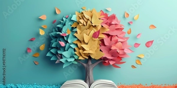 Fototapeta A conceptual image of a tree with a trunk and branches made from books, and leaves in various colors