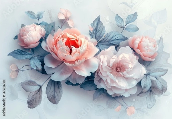 Fototapeta Stunning arrangement of peach and white peonies with delicate blue-green leaves on a soft background, highlighting the exquisite beauty and elegance of these blooms in a serene setting