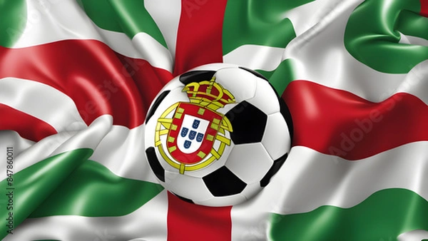 Fototapeta The symbolic power of success and victory. soccer ball on Portugal flag background. Generative Ai