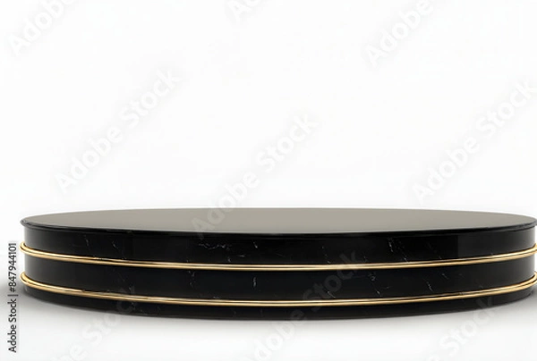 Fototapeta Black marble and gold trim round pedestal on white background