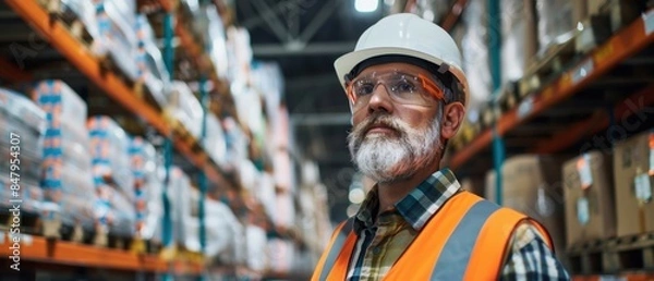 Fototapeta Industrial worker in a hard hat and safety vest, inside a large manufacturing warehouse