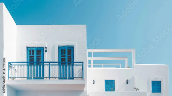 Fototapeta Bright white houses with blue accents in Greece under clear sky