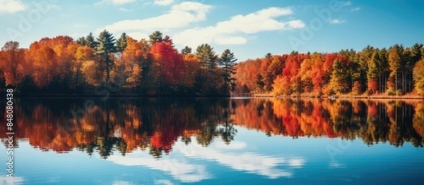 Fototapeta Lake in the fall forest. Creative banner. Copyspace image