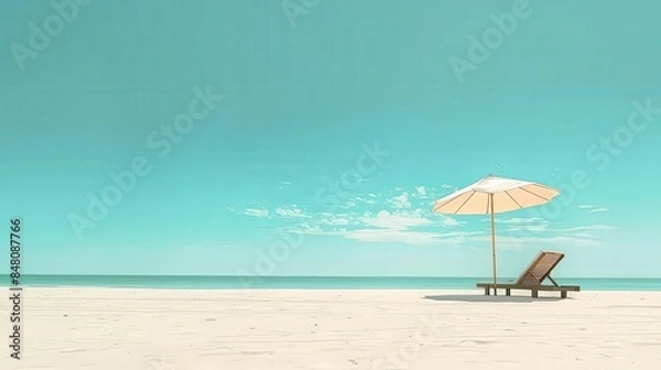 Fototapeta Serene Beach Scene with Umbrella and Lounger