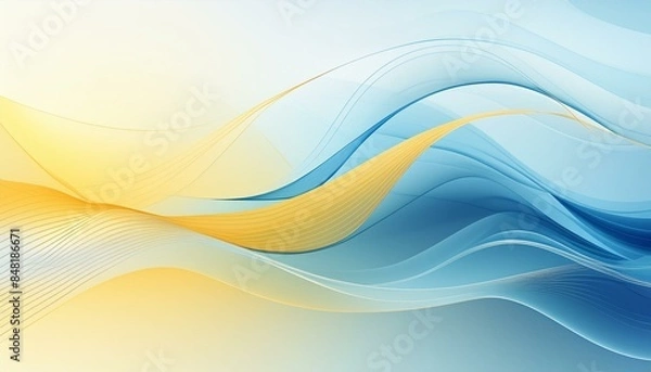 Fototapeta Abstract background with smooth waves in blue and yellow tones. Waved shaped lines transparent shade background. Elegant geometric banner background. AI generative