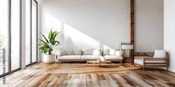 Fototapeta Stylish and Minimalist Living Room with Wooden Floor and White Walls. Concept Home Decor, Interior Design, Minimalist Style, Stylish Living Room, Wooden Flooring