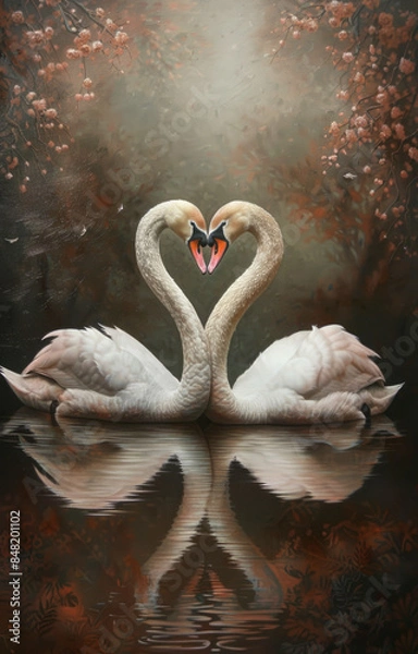 Fototapeta white swan couple forming a heart with pink flowers