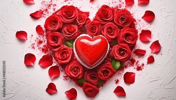 Fototapeta Heart Shaped Rose Bouquet with Red Petals for Valentine's Day