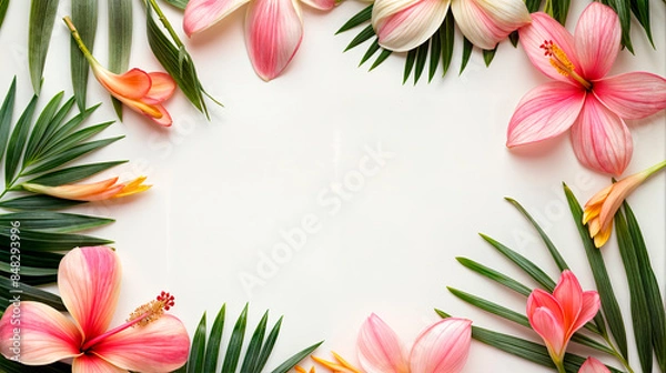 Fototapeta Tropical flowers and green leaves arranged as a frame on a white background. Concept: summer, tropical, nature. Ideal for summer promotions, tropical-themed events, travel agencies, and nature busines