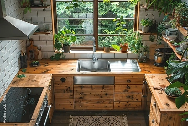 Fototapeta A kitchen with a sink and a stove