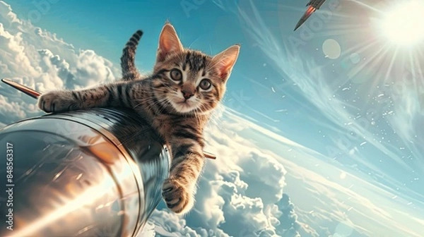 Fototapeta A picture of a cat flying around on a rocket - 7