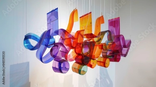 Fototapeta A set of abstract letters suspended in mid-air against a pristine white background, each letter intricately designed with geometric shapes and vibrant colors