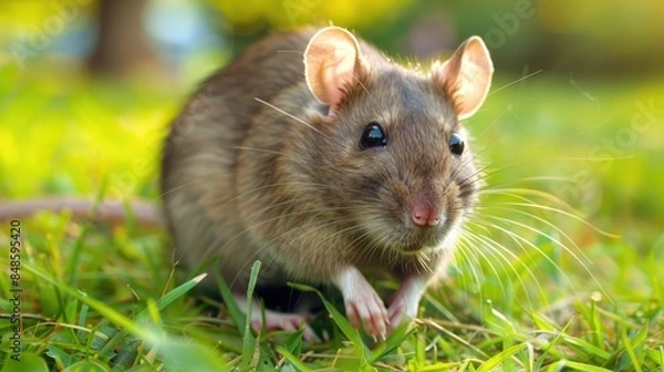 Fototapeta Grass consuming rodent in fields poses risk to crop destruction