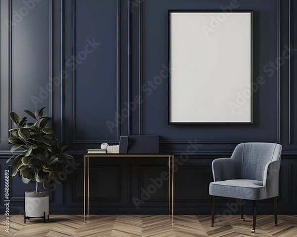 Fototapeta A deep navy blue wall in a sophisticated study room, hosting a single oversized black frame. The simplicity of the setup highlights the elegance of the space.