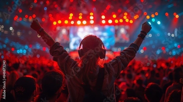 Fototapeta Diverse Group of Gamers Competing in a Thrilling Esports Tournament Surrounded by Cheering Fans and Flashing Lights During Gaming Week. Game Week, Success, Failure, Computer Games,Competitive.