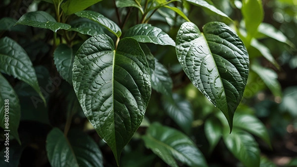 Fototapeta Photo nature of green leaf in garden at summer. natural green leaves plants using as spring background greenery wallpaper Ai generative.
