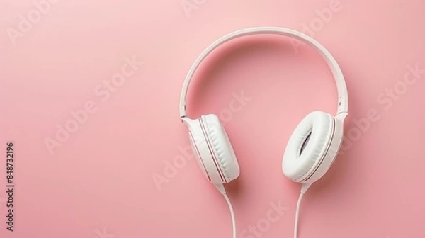 Fototapeta Headphones that are white set against a pink backdrop