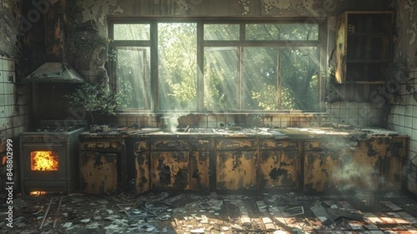 Fototapeta Abandoned Kitchen Interior with Decaying Cabinets and Overgrown Window, Sunlight Streaming Through Glass, Post-Apocalyptic Vibe and Burned Stoveabandoned