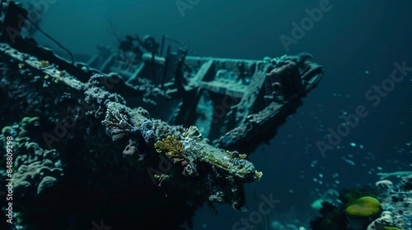 Fototapeta Detailed view of a sunken shipwreck, coral encrusted hull, mysterious and serene underwater scene. 