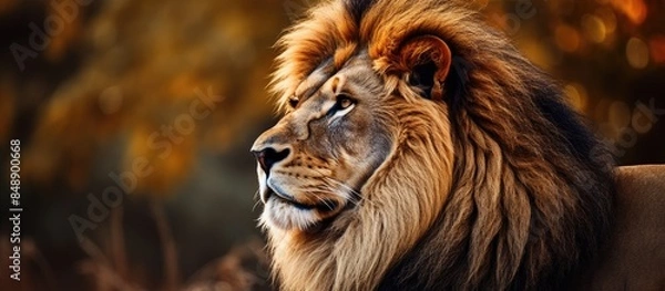 Obraz African male lion headshot with a captivating gaze set against a copy space image