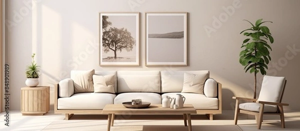 Obraz Living room interior with a mock up poster frame beige sofa and various decorations perfect for showcasing home decor in a copy space image