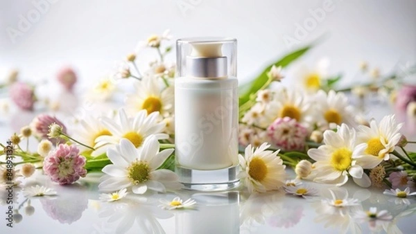 Fototapeta Delicate pink flowers surround a sleek, modern moisturizer bottle on a pristine white background, exuding serenity and luxurious pampering.