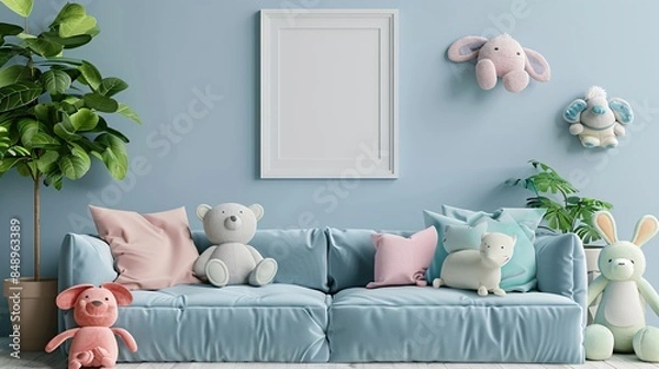 Fototapeta 1 small blank white poster frame on the wall of interior design for children's room A pastel blue sofa with pillows and soft toys surrounding it in a nursery-style decor.