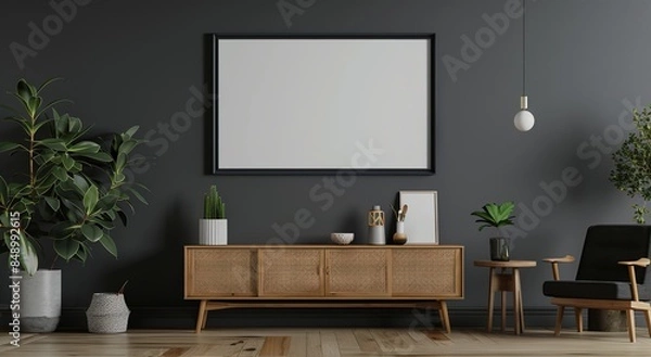 Fototapeta Ultra-realistic 4K rendering of a minimalist black frame mockup on a dark grey wall, near a wooden sideboard with decor and a lamp. High detail closeup, embodying sleek and modern design .