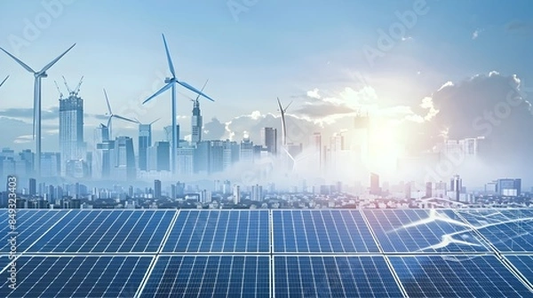 Fototapeta Futuristic Eco Friendly Solar and Wind Powered City Skyline