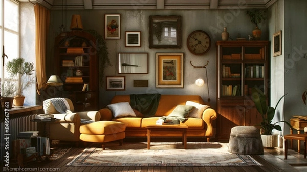 Fototapeta Cozy living room interior with warm sunlight shining on a comfortable sofa, plants, and bookshelves.