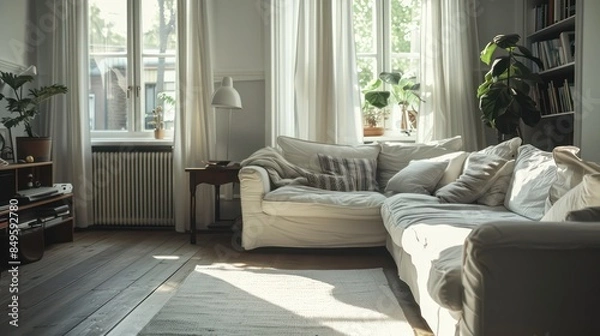 Fototapeta living room with a sofa, plant, ambient lighting on white background