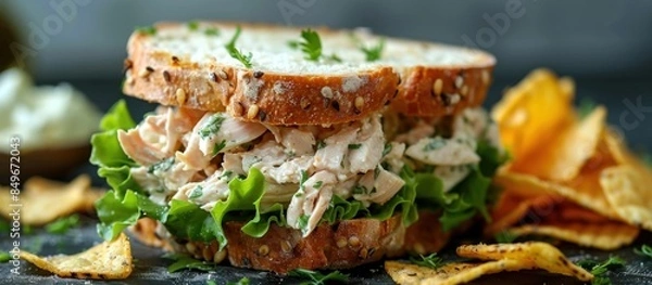 Fototapeta Homemade chicken salad sandwich with chips