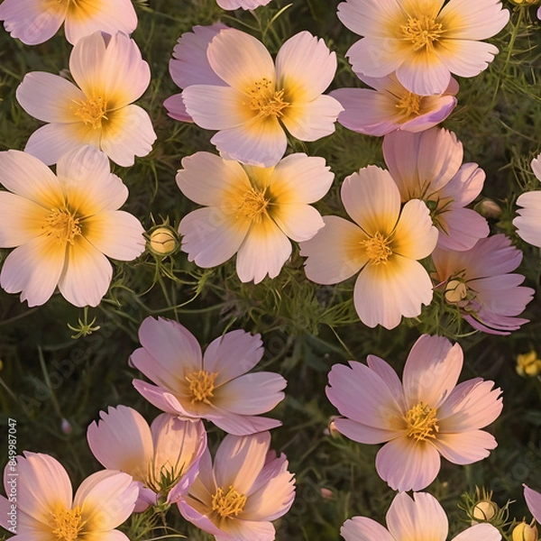 Fototapeta Golden hour bathes wildflowers in warm light. Seamless pattern.