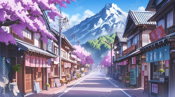 Fototapeta Japanese street with small shops, cherry blossoms and mountain in the background, in the style of anime generative ai